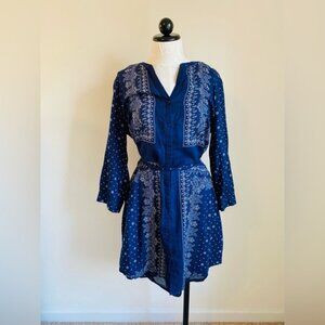 Old Navy Women's Navy Blue Handkerchief Pattern Button-Down Dress W/ Belt Size L